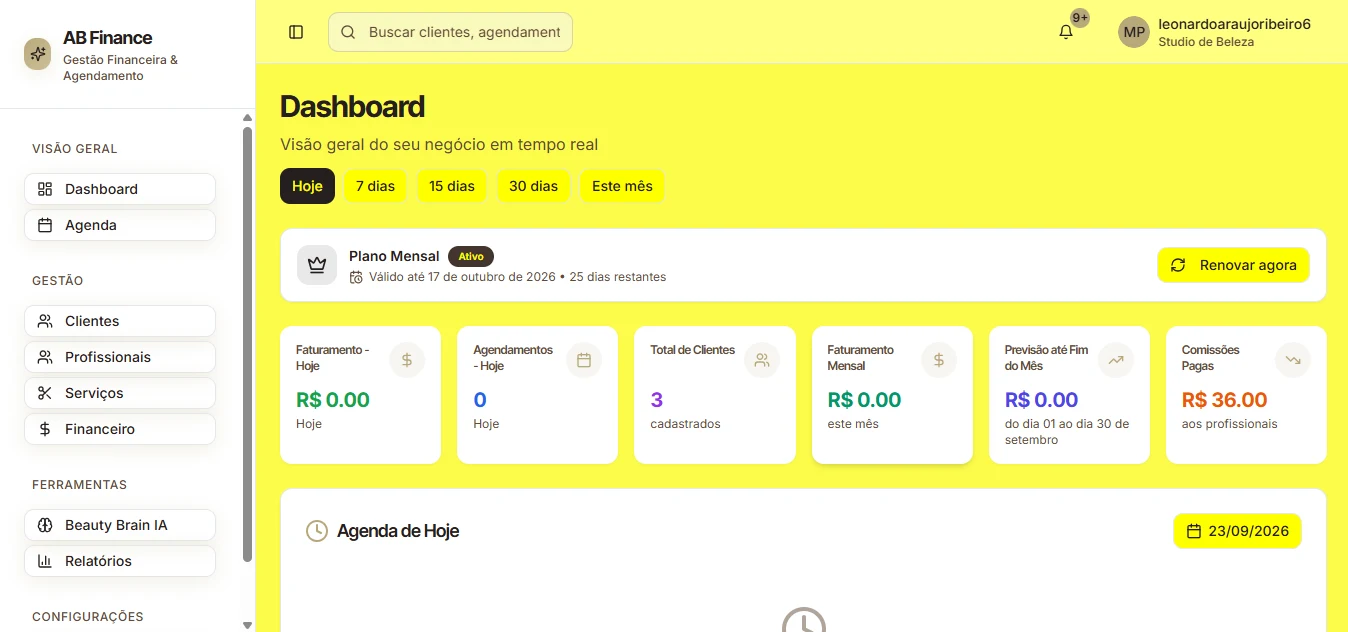 Tela real do painel AB Finance com indicadores e agenda de atendimentos